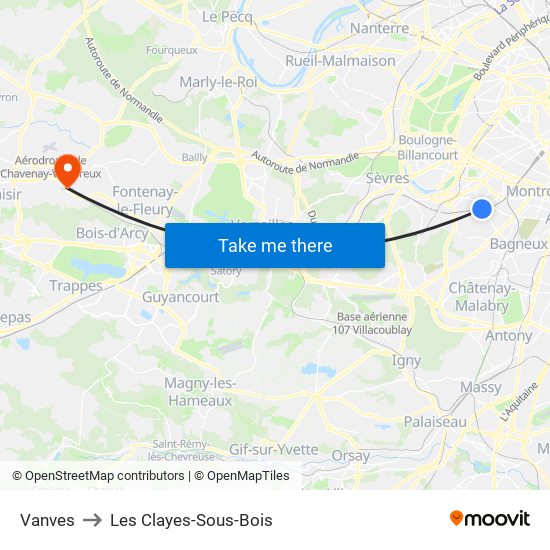 Vanves to Les Clayes-Sous-Bois map