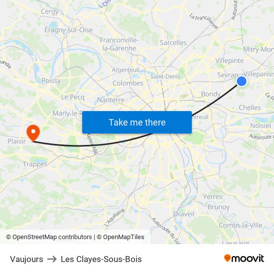 Vaujours to Les Clayes-Sous-Bois map