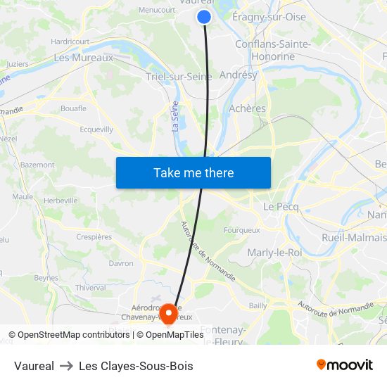 Vaureal to Les Clayes-Sous-Bois map