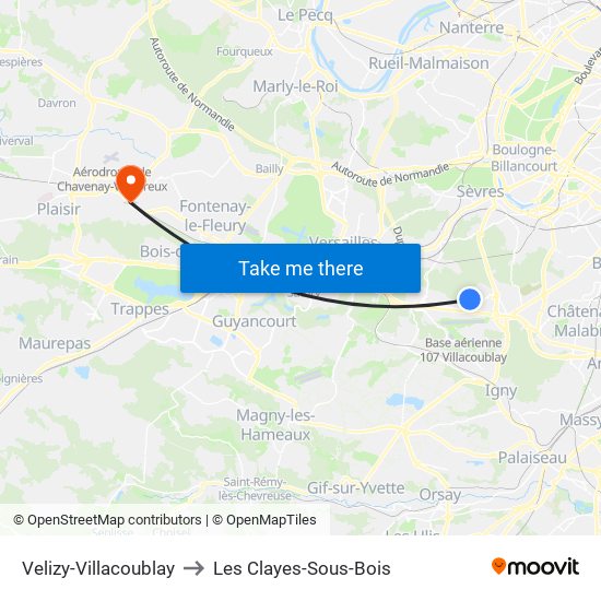 Velizy-Villacoublay to Les Clayes-Sous-Bois map