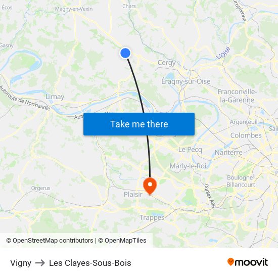 Vigny to Les Clayes-Sous-Bois map
