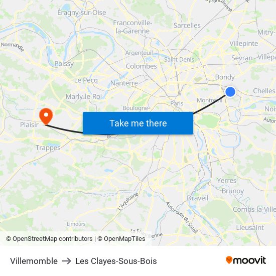 Villemomble to Les Clayes-Sous-Bois map