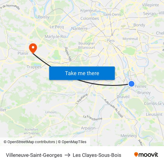Villeneuve-Saint-Georges to Les Clayes-Sous-Bois map