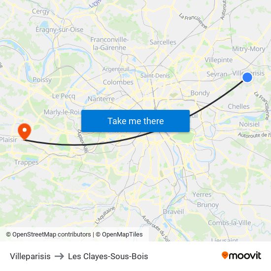 Villeparisis to Les Clayes-Sous-Bois map