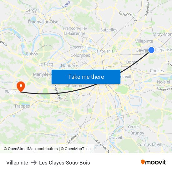 Villepinte to Les Clayes-Sous-Bois map