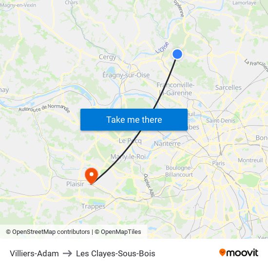 Villiers-Adam to Les Clayes-Sous-Bois map