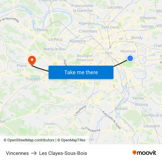 Vincennes to Les Clayes-Sous-Bois map
