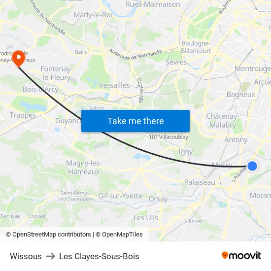 Wissous to Les Clayes-Sous-Bois map