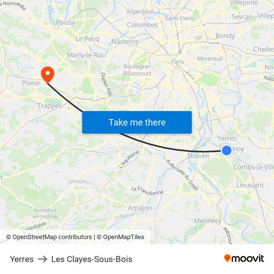 Yerres to Les Clayes-Sous-Bois map