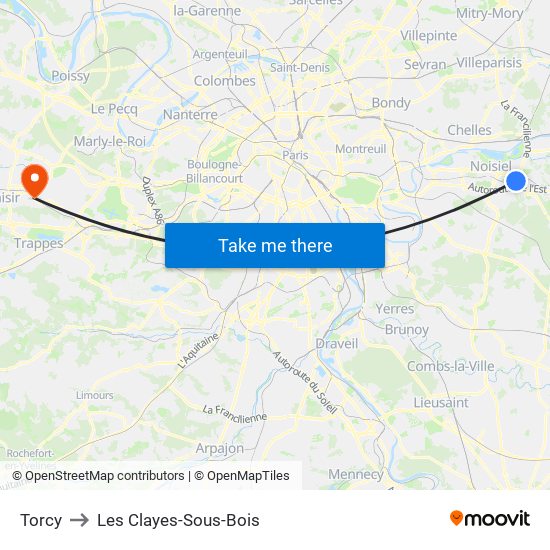 Torcy to Les Clayes-Sous-Bois map