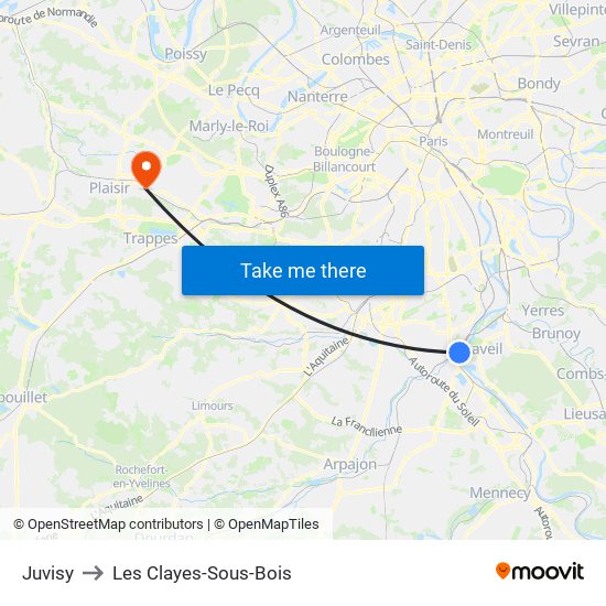 Juvisy to Les Clayes-Sous-Bois map
