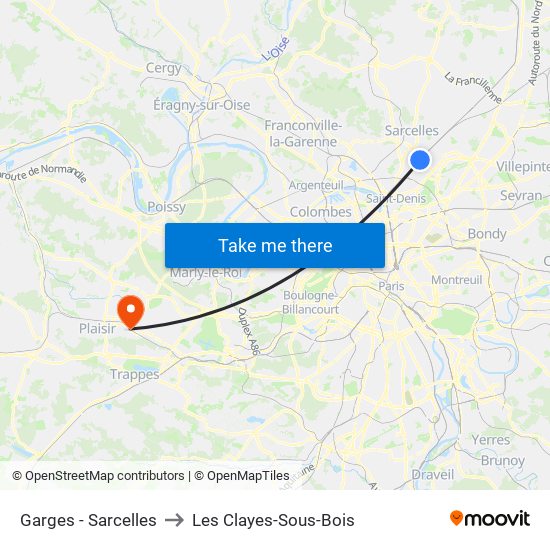 Garges - Sarcelles to Les Clayes-Sous-Bois map