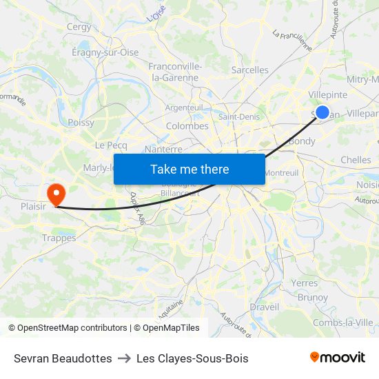 Sevran Beaudottes to Les Clayes-Sous-Bois map