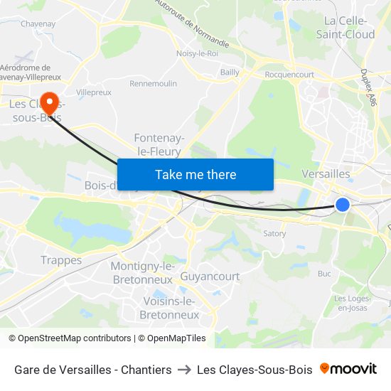 Gare de Versailles - Chantiers to Les Clayes-Sous-Bois map