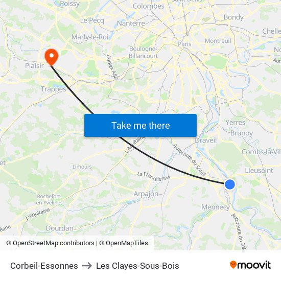 Corbeil-Essonnes to Les Clayes-Sous-Bois map