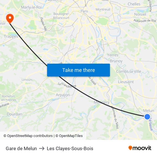 Gare de Melun to Les Clayes-Sous-Bois map