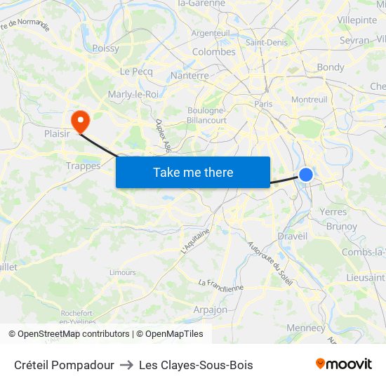 Créteil Pompadour to Les Clayes-Sous-Bois map