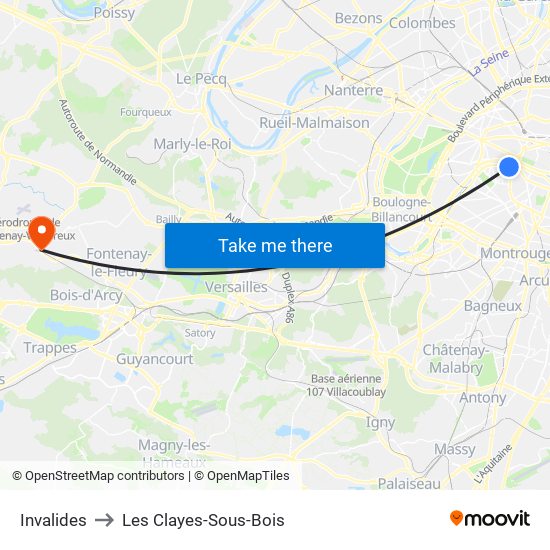 Invalides to Les Clayes-Sous-Bois map