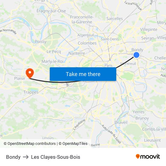Bondy to Les Clayes-Sous-Bois map