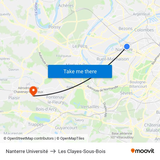 Nanterre Université to Les Clayes-Sous-Bois map