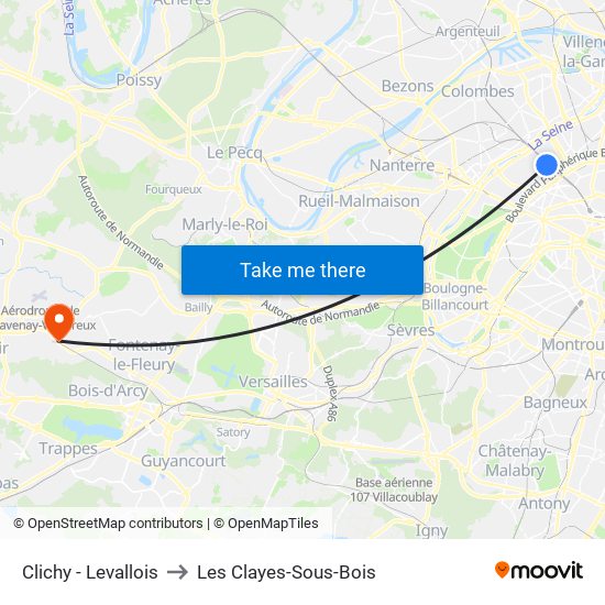 Clichy - Levallois to Les Clayes-Sous-Bois map