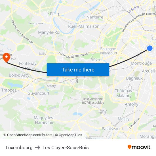 Luxembourg to Les Clayes-Sous-Bois map