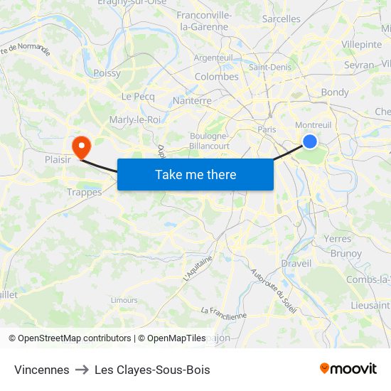 Vincennes to Les Clayes-Sous-Bois map