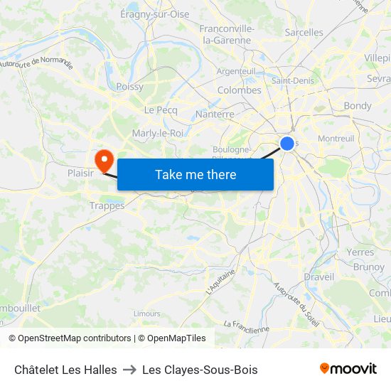 Châtelet Les Halles to Les Clayes-Sous-Bois map