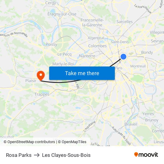Rosa Parks to Les Clayes-Sous-Bois map
