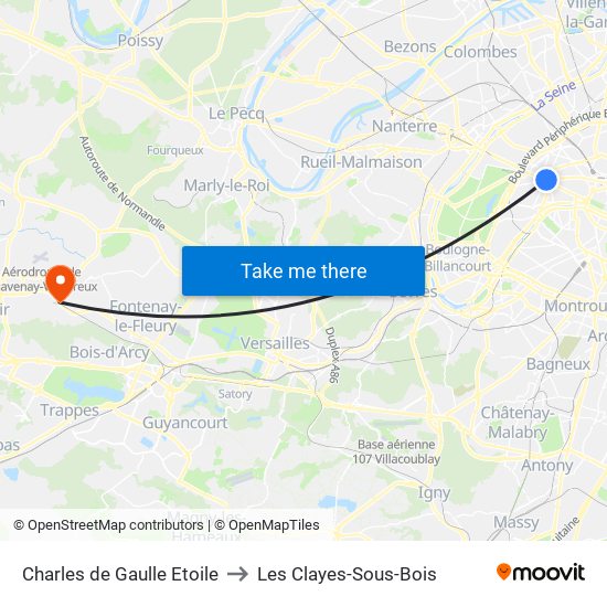 Charles de Gaulle Etoile to Les Clayes-Sous-Bois map
