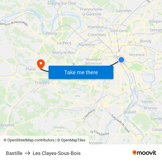 Bastille to Les Clayes-Sous-Bois map