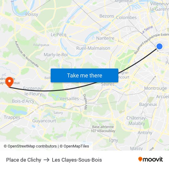 Place de Clichy to Les Clayes-Sous-Bois map