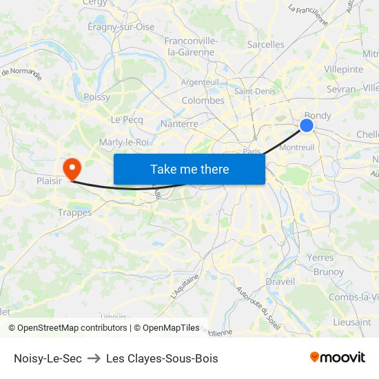 Noisy-Le-Sec to Les Clayes-Sous-Bois map