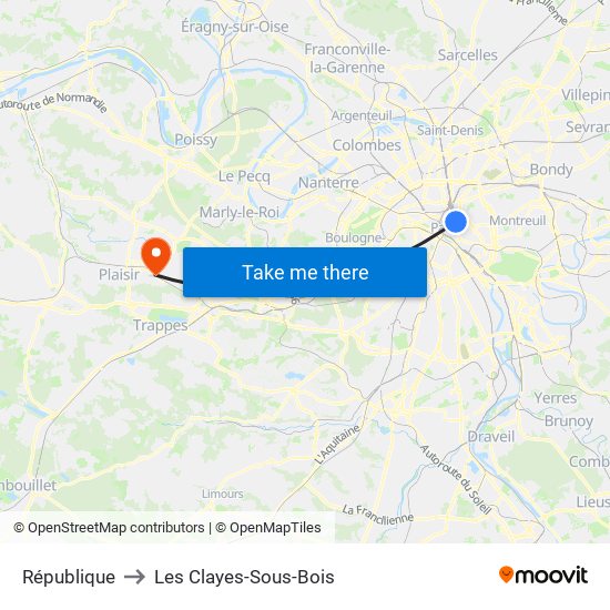 République to Les Clayes-Sous-Bois map