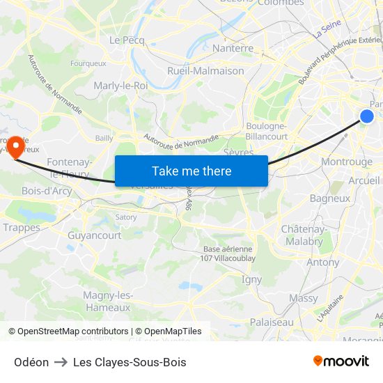 Odéon to Les Clayes-Sous-Bois map