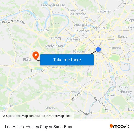Les Halles to Les Clayes-Sous-Bois map
