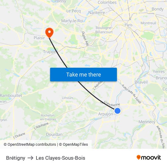 Brétigny to Les Clayes-Sous-Bois map