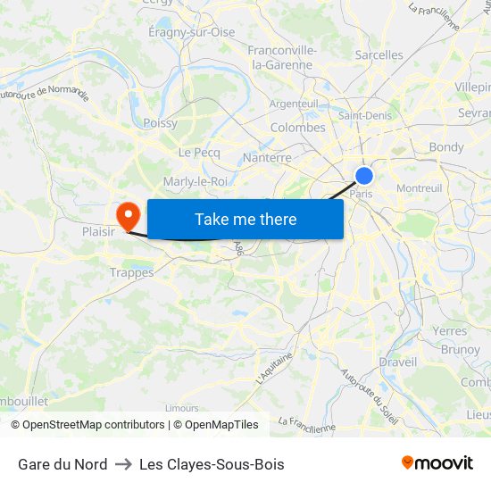 Gare du Nord to Les Clayes-Sous-Bois map