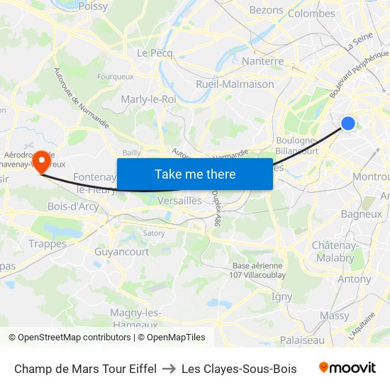 Champ de Mars Tour Eiffel to Les Clayes-Sous-Bois map