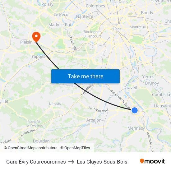Gare Évry Courcouronnes to Les Clayes-Sous-Bois map