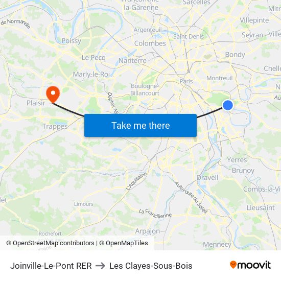 Joinville-Le-Pont RER to Les Clayes-Sous-Bois map