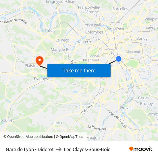 Gare de Lyon - Diderot to Les Clayes-Sous-Bois map