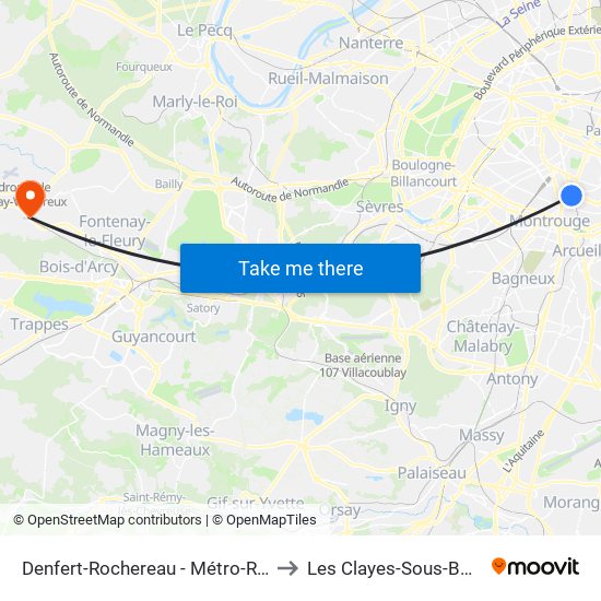 Denfert-Rochereau - Métro-Rer to Les Clayes-Sous-Bois map