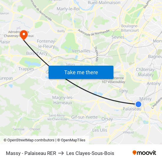 Massy - Palaiseau RER to Les Clayes-Sous-Bois map