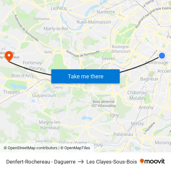 Denfert-Rochereau - Daguerre to Les Clayes-Sous-Bois map