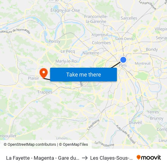 La Fayette - Magenta - Gare du Nord to Les Clayes-Sous-Bois map