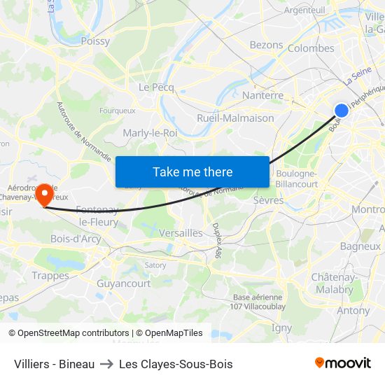 Villiers - Bineau to Les Clayes-Sous-Bois map