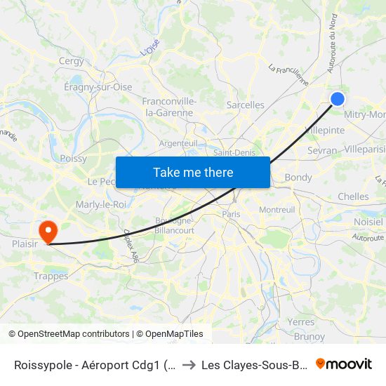 Roissypole - Aéroport Cdg1 (E2) to Les Clayes-Sous-Bois map