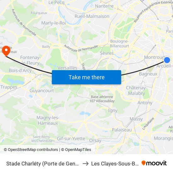 Stade Charléty (Porte de Gentilly) to Les Clayes-Sous-Bois map