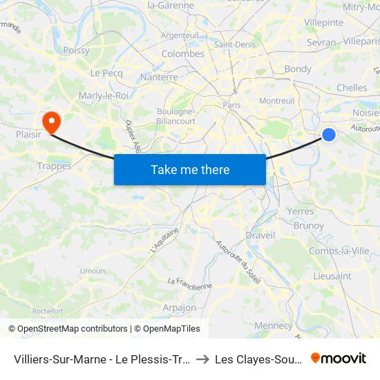 Villiers-Sur-Marne - Le Plessis-Trévise RER to Les Clayes-Sous-Bois map